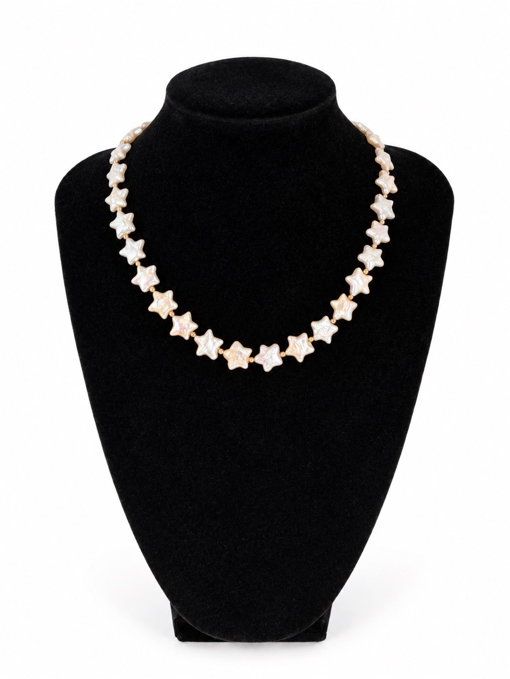 Handmade Freshwater Pearl Star Necklace โ Dainty Gold Tone Beaded Choker